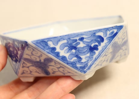 明治後期~大正銅判花図面取り五角小鉢