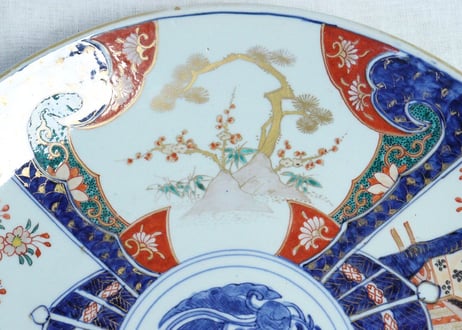 明治前期色絵桜と御所車図尺３寸尺皿