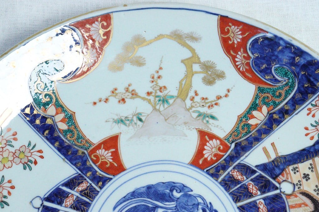 幕末〜明治期　上手　色絵風景画長皿　五客　絢爛豪華　緻密な絵付　古器を楽しむ 明治前期色絵桜と御所車図尺3寸尺皿 | 吉祥寺PukuPuku