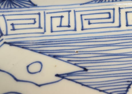 江戸幕末線描き山水と牡丹図角皿　ムシクイ,ノミホツ