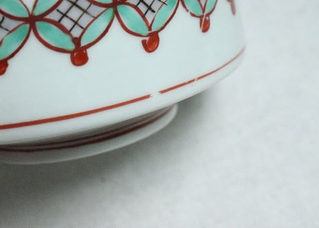 江戸中期色絵七宝繋ぎ図蓋物①　５客組