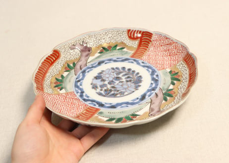 明治前期色絵桜に万年青図通り物7寸皿①