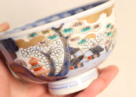 明治前期色絵山水図通り物飯茶碗①