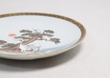 明治前期九谷焼色絵松鶴図通り物6寸皿