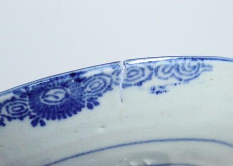 明治後期～大正紙刷富士図7.5寸皿　窯傷,かたつき