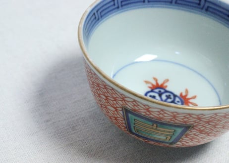 江戸後期色絵吉文字と七宝文図通り物飯茶碗　５客組
