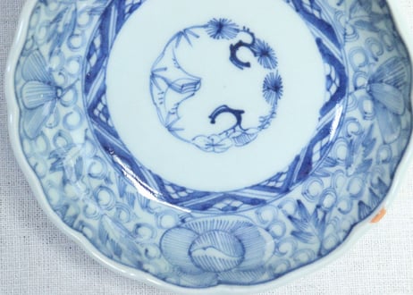 江戸幕末染付線描き牡丹図なます皿
