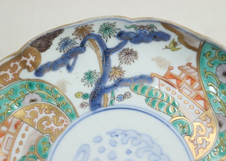 明治前期色絵鶴と松竹梅図通り物7寸皿