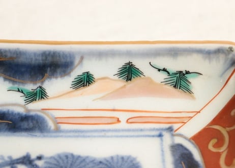 【金継ぎ用】江戸中期色絵松竹梅に杉図長皿 ホツ