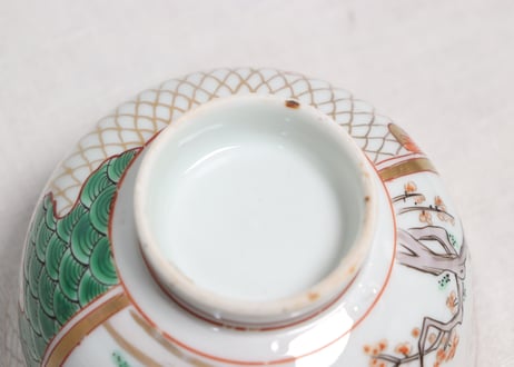 明治前期色絵網手に鶴と梅に鶯図通り物飯茶碗