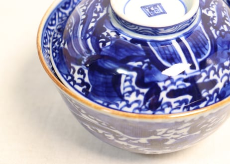 明治前期ベロ藍鳳凰図通り物飯茶碗