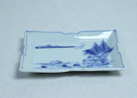 大正～昭和戦前ゴム判山水図長角皿