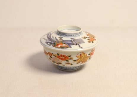 明治前期色絵牡丹と扇に春蘭図蒸茶碗② 少甘手