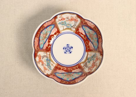 明治後期~大正色絵牡丹と菊梅図六弁小鉢