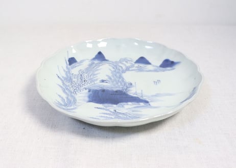 江戸幕末線描き山水図7寸皿