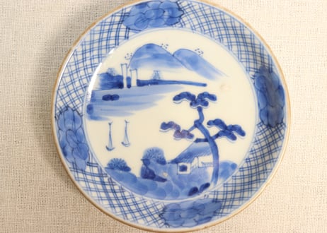 江戸幕末染付山水と牡丹図小皿 窯傷,フリモノ