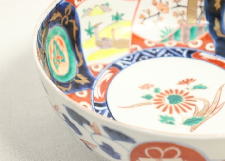 明治前期色絵松竹梅と鶴図8寸鉢②釉剥げ
