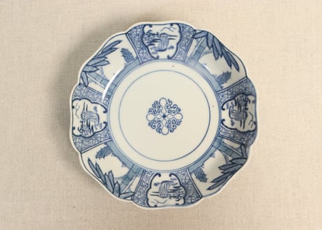 なます皿　染付　山水　家屋　山　松　帆立舟　貫入　江戸　もぐら鼻 江戸幕末染付船上人物図大なます皿① | 吉祥寺PukuPuku