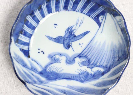 江戸後期染付富士に鶴図なます皿　窯傷,ノミホツ,フリモノ