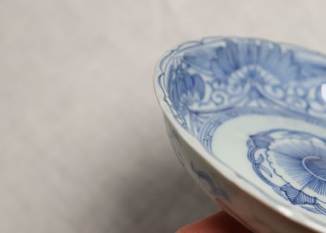 江戸幕末線描き八方に花図５寸深皿 ノミホツ,少がたつき