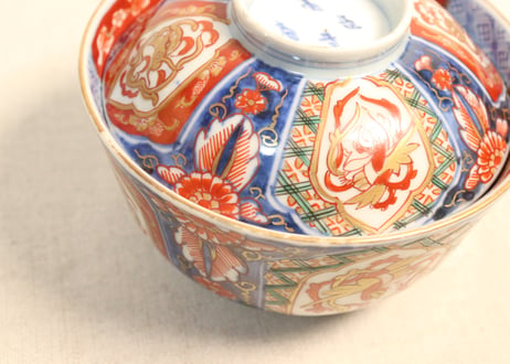 明治前期色絵四方に龍と鳳凰図通り物飯茶碗