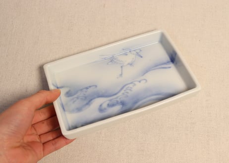 明治後期~大正染付波に鷺図縁立ち長角皿