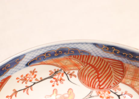 明治前期色絵花鳥・家・狛犬図三つ組鉢 小・中にニュウ