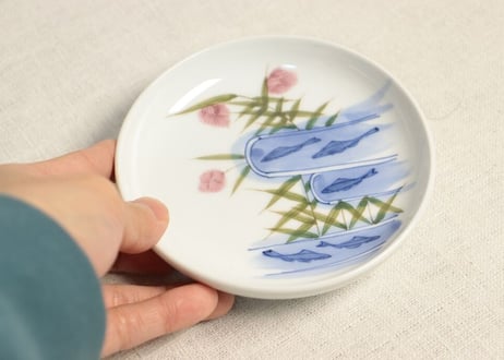 明治後期～大正染付鮎と芦図小皿