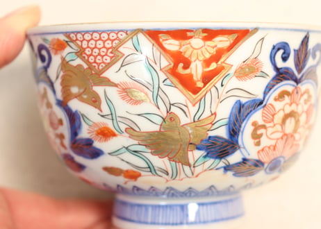 明治前期色絵芦に鳥と牡丹図通り物飯茶碗