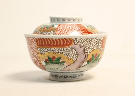 明治前期色絵桜に万年青図通り物飯茶碗①濃いめ