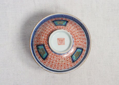 江戸後期色絵吉文字と七宝文図通り物飯茶碗　５客組