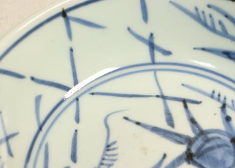 江戸後期青磁染付格子に桃図春寒鉢①
