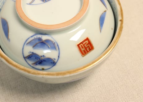 江戸幕末金彩朝顔と山水図飯茶碗