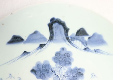 江戸幕末染付山水図尺皿 フリモノ,少甘手,ムシクイ