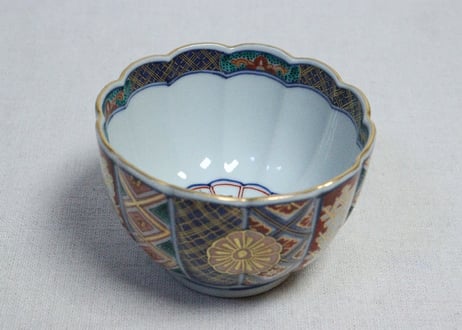明治後期～大正色絵大聖寺焼幾何学文と菊図向付　５客組