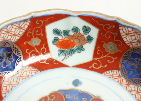 江戸幕末色絵牡丹と青玉図通り物大なます皿　染料飛び,窯傷