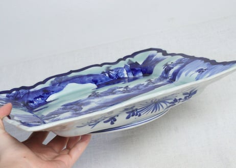 明治前期染付青磁山水図額型皿 　釉弾き,小ホツ