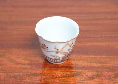 江戸中期色絵芝垣に梅と鶯図輪花向付 五客組 1ヶノミホツ