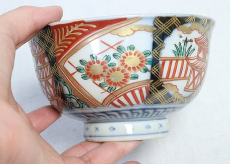 明治前期色絵扇面に菊図通り物飯茶碗