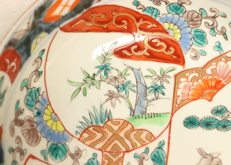 明治前期色絵松竹梅に鶴図7寸鉢