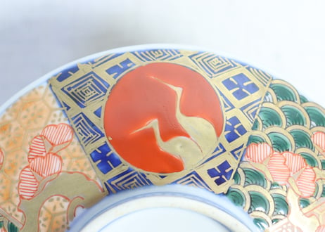 明治前期色絵桃と松鶴図通り物蒸茶碗