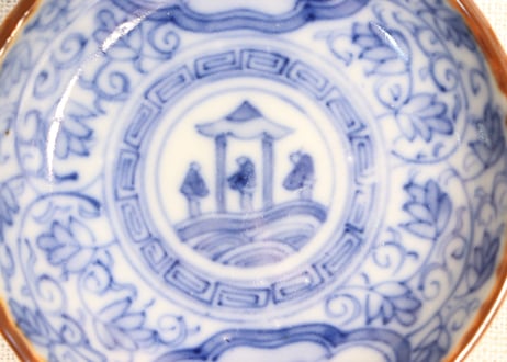 明治前期染付三方に山水窓絵と萩唐草図イゲ縁通り物豆皿