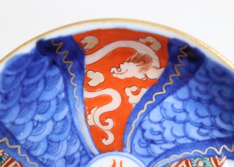 江戸幕末色絵龍と幾何学図捻子文小皿②黒点