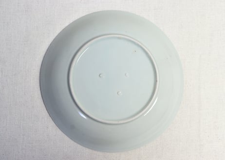 江戸後期染付波に菊図７寸皿　共箱付5客組　かたつき有り