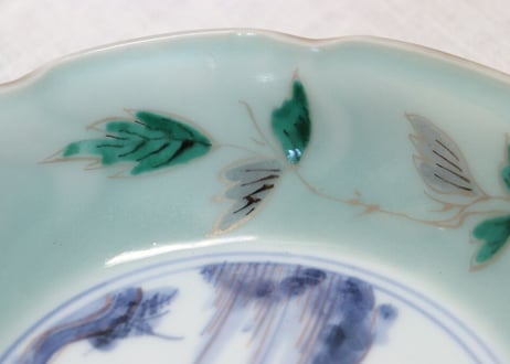 江戸中期青磁色絵山水と栗図なます皿 高台ホツ