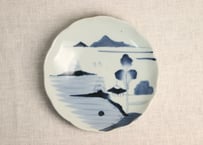 江戸幕末染付山水図輪花7寸皿　甘手