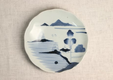 江戸幕末染付山水図輪花7寸皿　甘手