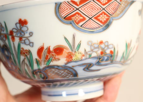 明治前期色絵杜若と梅図飯茶碗