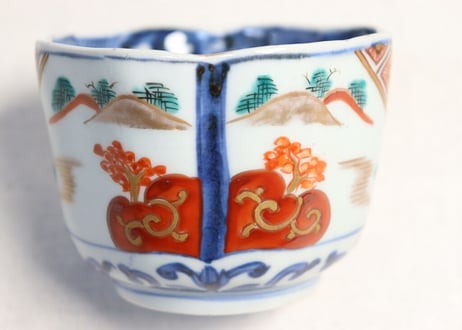 明治前期色絵柘榴と山水図角向付 ムシクイ