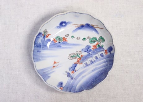 明治前期色絵山水図なます皿　釉弾き